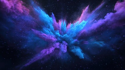 Poster - Explosion of blue aqua and violet dust on a black background in 3D cartoon rendering Illustration