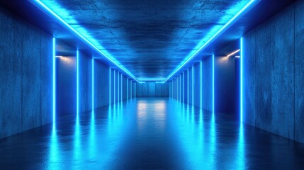 Poster - Vibrant Blue Neon Laser Sci Fi Modern Concrete Garage Warehouse Bunker Underground Storage Podium Stage Realistic Tunnel Corridor with Glowing Lights in a Dark Cyber Background 3D Rendering Illust