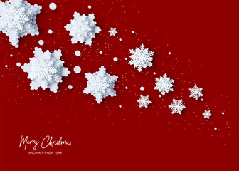 Wall Mural - 2025 christmas and new year background. paper snowflakes xmas decorations. white and red colors