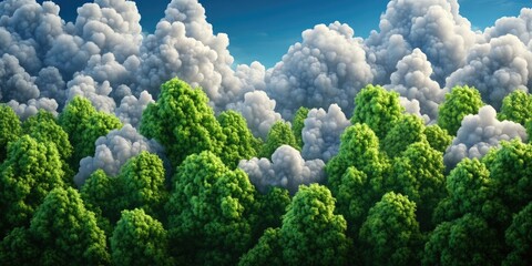 Lush trees beneath a bright blue sky adorned with fluffy white clouds, Lush trees under a bright blue sky with fluffy clouds