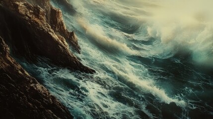 Poster - Long exposure artwork depicting cliffs and ocean waves