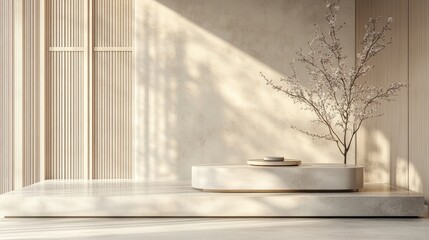 Wall Mural - japanese inspired architectural stone podium with a cosmetic background suitable for branding and pr