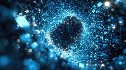 Poster - Glittering whirl of abstract blue squares creating shimmering sparks against a dark backdrop Fantasy inspired fractal design in digital art with 3D effects