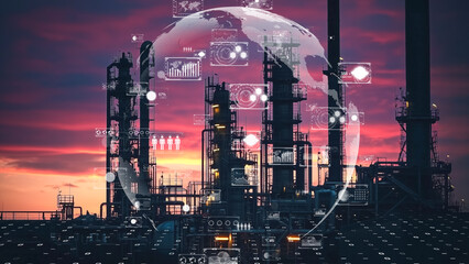 A futuristic industrial refinery at sunset with digital data overlays and holographic interfaces