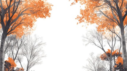 Poster - Group Of Gray Trees Surrounding A White Empty Space In The Center White Background With Text Area Trees With Vibrant Orange Leaves Ai Generated Image