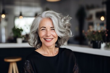 Portrait of a senior confident woman happy with her hair style in hair salon