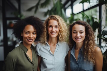 Portrait of a smiling diverse group of businesswomen standing in coworking office space in Berlin