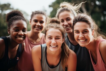 Portrait of a young female basketball players smiling and posing for a team photo on the basketball court