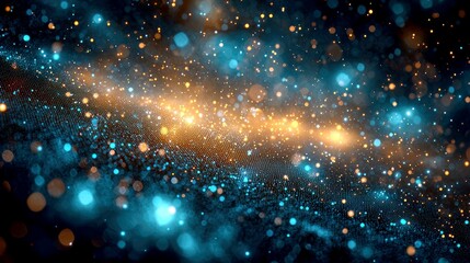 Wall Mural - abstract cosmic background with blue and gold bokeh lights and a swirling galaxy-like pattern.