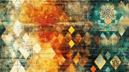 Poster - Colorful Vintage Art Featuring Ancient Indian Vedic Design with Textured Old Painting and Various Mathematical Shapes in a Floral Ornamental Structure on an Abstract Background