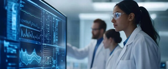 Poster - A team of three scientists in lab coats review data on a large screen, focusing on graphs and charts.