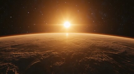 Wall Mural - panoramic view of the earth sun stars and galaxy in a 3d cartoon rendering sunrise above the planet 