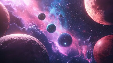 Wall Mural - cartoon rendering in 3d of planets and a nebula in space