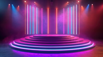Poster - Illuminated circular stage featuring neon lights and a staircase against a bright backdrop