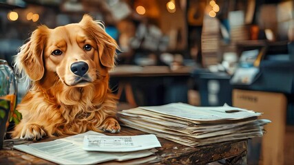 Poster - A cute brown dog sits attentively by a desk, surrounded by paperwork, as if ready to help with office tasks