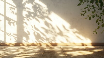Poster - 3D rendering of a studio room background featuring a wooden floor and white plaster wall enhanced by cozy sunlight filtering through a window and casting summer leaf shadows showcasing an empty li
