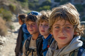 Portrait of a boy with his friends on the background of mountains