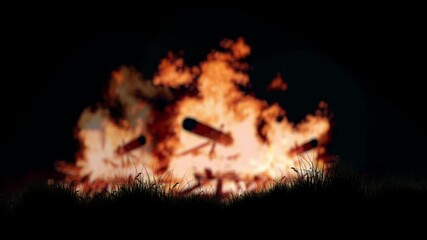 Wall Mural - bonfire with silhouette grass in the breeze 4k loop features a defocused bonfire at night in the bac