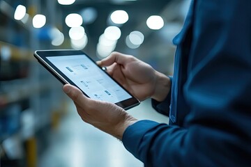 A worker uses a tablet in a warehouse. This image shows a worker using a tablet to manage inventory, highlighting the importance of technology in modern warehousing.
