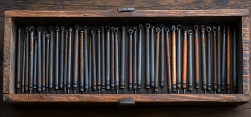 A wooden box filled with various tools, each with a different shape and size, for crafts and repairs.