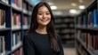 © Matt - Portrait of a smiling woman in a black dress in a library