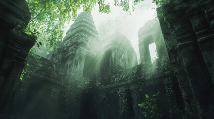 Amidst the dense jungle, ancient stone structures stand shrouded in mystery, bathed in sunlight that pierces through the lush canopy, creating an enchanting atmosphere. Generative AI