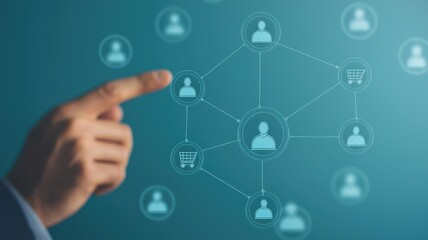 Poster - Businessman touching a digital network with icons of people, technology, and e-commerce in hand on a blue background. Digital marketing concept for online business. 