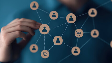 Poster - Businessman touching a digital network with icons of people, technology, and e-commerce in hand on a blue background. Digital marketing concept for online business. 