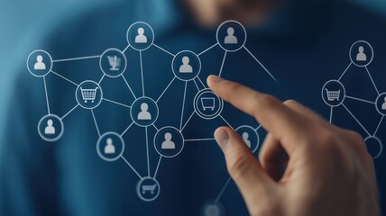 Poster - Businessman touching a digital network with icons of people, technology, and e-commerce in hand on a blue background. Digital marketing concept for online business. 