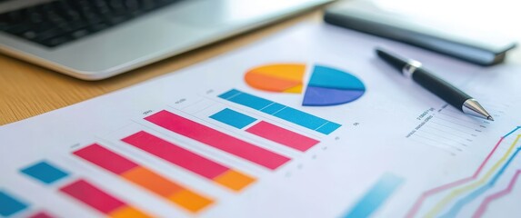 Poster - Colorful bar graph and pie chart showing business growth and market share data on a financial document, with a pen and laptop computer 