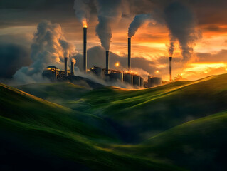 Renewable Energy - Industrial landscape with smokestacks emitting pollution against a sunset backdrop.