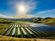© HQ Assets Project - Renewable Energy - A solar farm with rows of panels under a bright sun and rolling hills.
