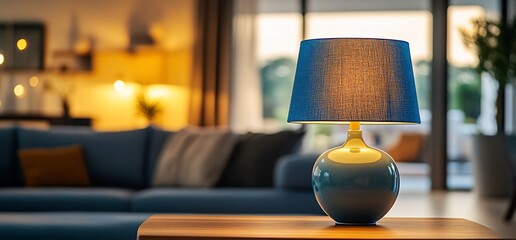Poster - Close up of a blue lamp with a soft yellow light on a wooden table with a blurred couch in the background.