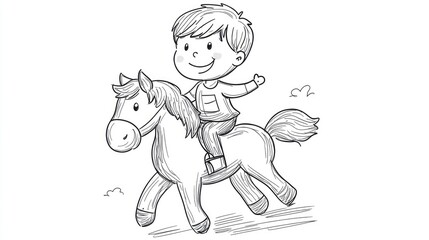 Continuous line drawing of a joyful child riding a cute toy horse depicted in a flat doodle style Isolated hand drawn contour on a white background