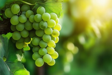 Poster - A fresh cluster of vibrant green grapes bathed in golden sunlight, ripening on the vine during a sunny day.