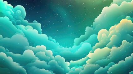 Poster - Abstract background featuring clouds and stars in shades of green and blue Suitable template for space and cloud themed illustrations