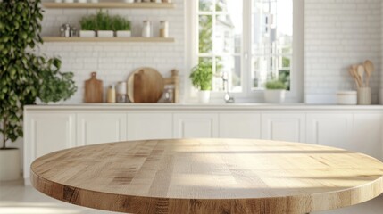 Poster - 3D rendering of an empty beautiful round wooden tabletop in a clean and bright kitchen interior ideal for product display and montage