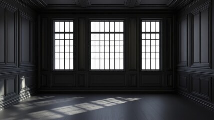 Poster - 3D animation of a black square room featuring architectural elements lighting and a window