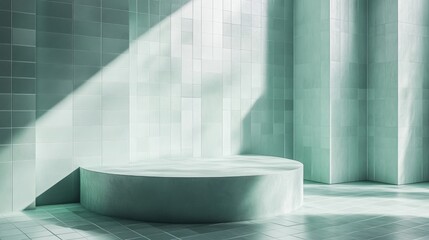 Poster - Pastel green tile wall and floor in a bathroom setting featuring a round podium for product display Unoccupied area 3D rendering mock up