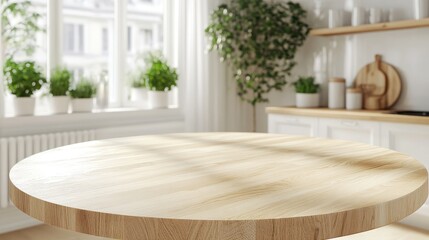 Poster - 3D rendering of an empty beautiful round wooden tabletop in a clean and bright kitchen interior ideal for display and product montage