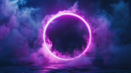 Poster - Round mystical portal in 3D cartoon rendering Geometric neon colored circle on a dark background with futuristic smoke