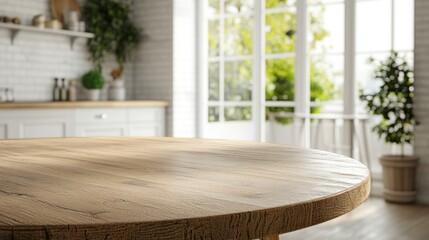 Poster - 3D rendering of an empty beautiful round wooden tabletop in a clean and bright kitchen interior ideal for product display and montage