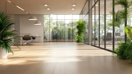 Poster - 3d rendering of a minimalist open space office background featuring a blurred modern contemporary of