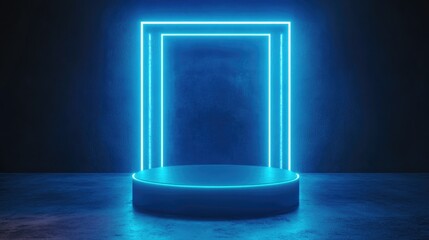 Poster - blue podium illuminated by a glowing neon frame in a dark setting ideal for product showcases 3d ren