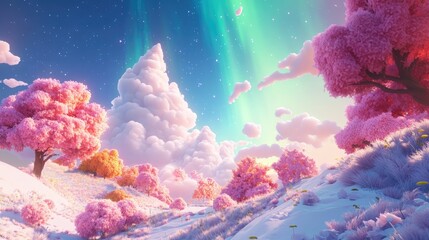 Poster - 3D cartoon rendering of aurora in a natural sky setting