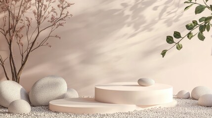 Poster - premium paper podium against a pastel backdrop featuring plant branches leaves pebbles and natural s
