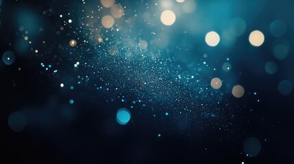Poster - Luminous bokeh softly shimmers with blue hues Abstract glowing lights create a gleaming effect isolated against a dark backdrop resembling a festive atmosphere of sparkling dust