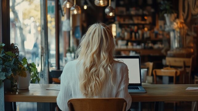 View from the back of a young, blonde woman using a laptop computer with a blank copy space screen while she is sitting in a cafe. After her university lectures, the clever female student.