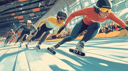 Speed skaters racing intensely on an indoor track, showcasing agility, power, and determination as they compete for victory in front of an energetic audience.