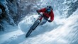 © Ckip - Mountain biker speeding down a snowy trail, creating a spray of powder, wearing winter gear and a helmet for extreme sports in harsh winter conditions.